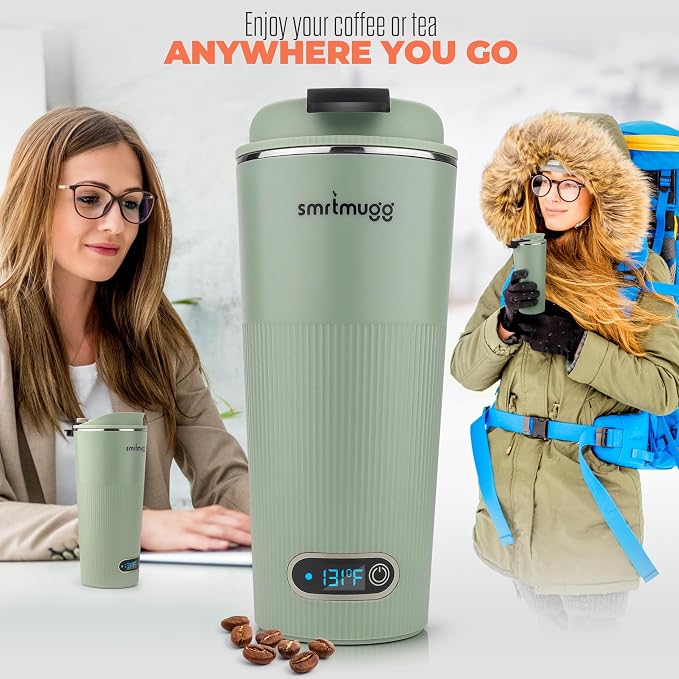 SmrtMugg GO Heated Coffee Mug, Travel Mug, 13.5 OZ. Smart Mug, Battery Powered Heated Coffee Mug, Great for Coffee and Tea, Snap on Magnetic Charging Cord, Adjustable Temperature (Mint Green)