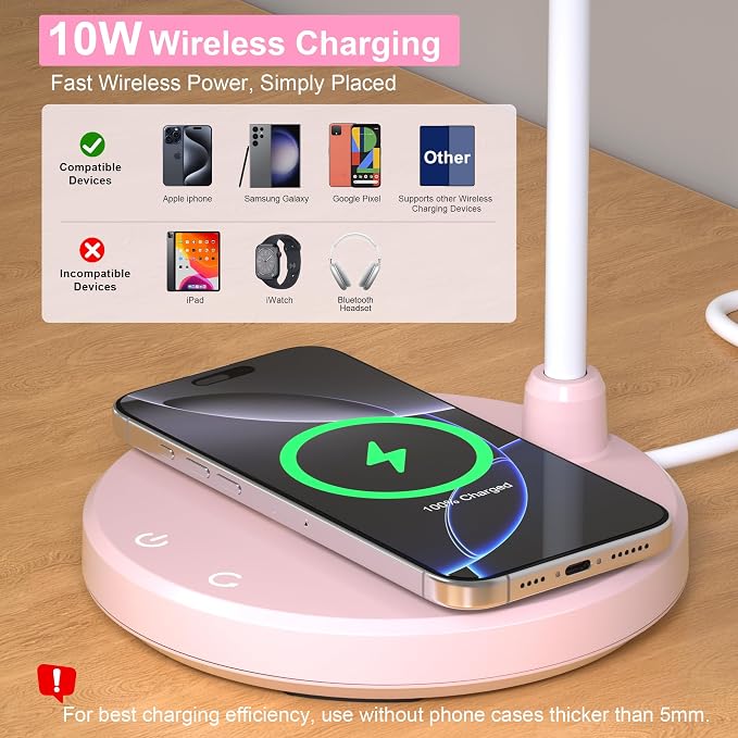 Desk Lamps for Home Office - LED Desk Lamp with Wireless Charger, 3 Color Modes Dimmable Eye-Caring Study Reading Desk Light, Small Flexible Arm Table Lamp for College Dorm Room Bedside, Pink
