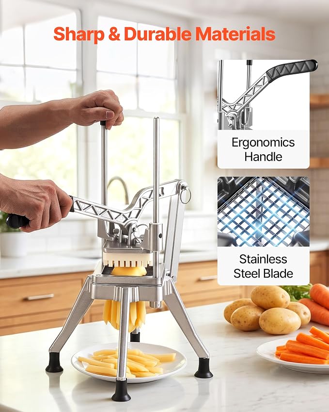 VEVOR French Fry Cutter, Commercial Vegetable Chopper with 4 Replacement Blades, 1/2", 3/8", 1/4" Blade Easy Dicer Chopper and 6-wedge Apple Corer, 420J2 Stainless Steel, for Restaurant Kitchen