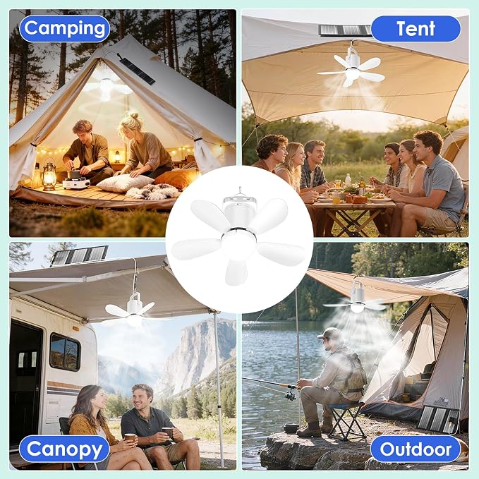 Solar Ceiling Fan Light with Foldable Solar Panel, Portable Solar Camping Fan Light Outdoor with Remote, Battery Operated Canopy Hanging Fan, Wireless, for Outside Tent Porch Patio RVs Pergola