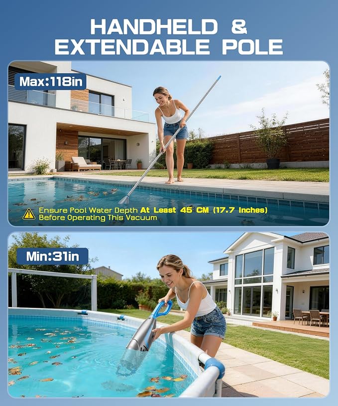 Pool Vacuum for Above Ground Pool & Inground Pools, (2026 Upgraded) 26.5 GPM High-Powerful Pebbles Suction, V3 IPX8 Cordless Handheld Rechargeable Cleaner 2 Vacuum Heads & 4 Filter Bags, 1H Runtime