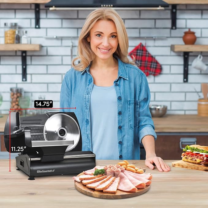 Elite Gourmet EMT-625B Ultimate Precision Electric Deli Food Meat Slicer Removable Stainless Steel Blade, Adjustable Thickness, Ideal for Cold Cuts, Hard Cheese, Vegetables & Bread, 7.5”, Black