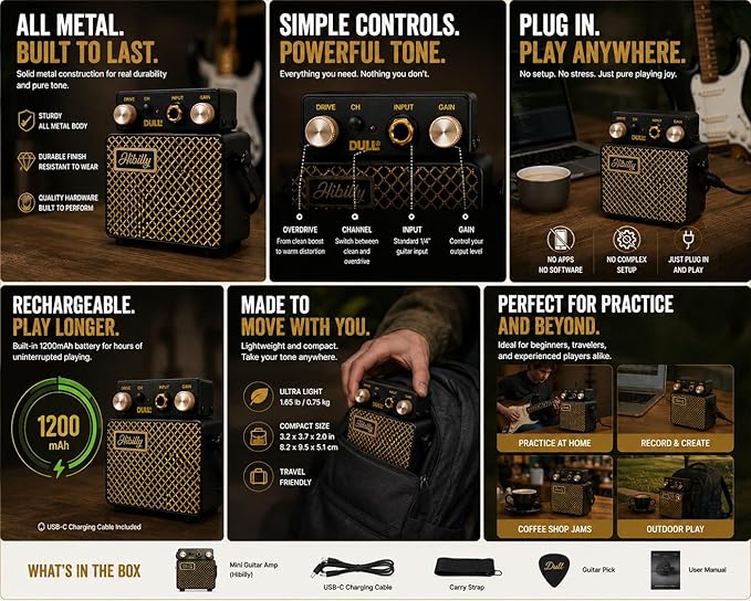 Mini Pocket Guitar Amplifier and Micro Amp for Professional Performances and Practice Sessions Color (Darkling Black - Dull 3 Guitar)