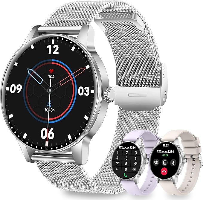 Smart Watches for Women, 1.27" HD Smart Watch for Android Phones & iPhones, Smartwatch Answer/Make Calls, Fitness Tracker with Heart Rate/Sleep/SpO2 Monitor, 110+ Sport Modes, 3 Bands (Silver)