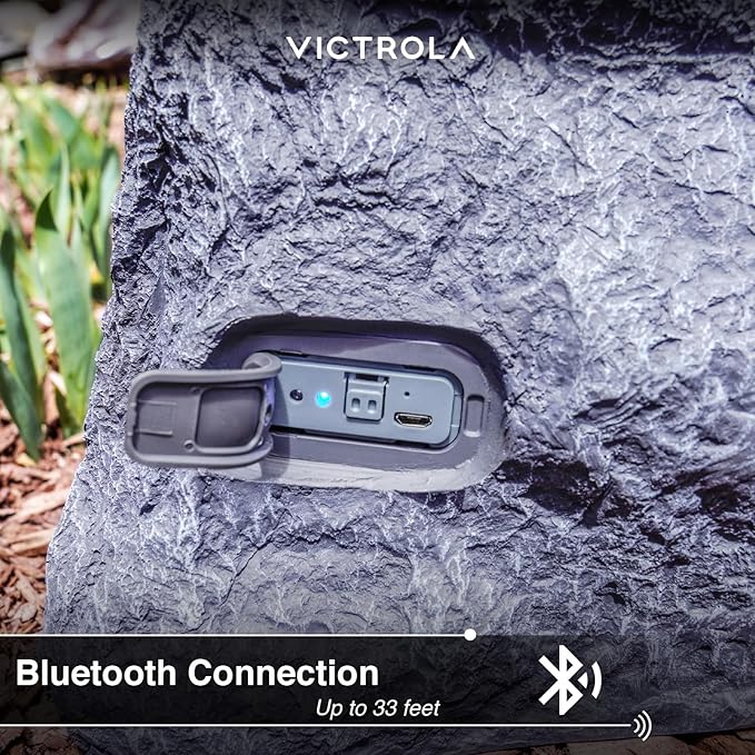 Victrola Outdoor Rock Speaker (Pair) – IPX4 Rechargeable Outdoor Bluetooth Speakers for Garden, Patio, Built for All Seasons, Wireless Music Streaming (Charcoal)