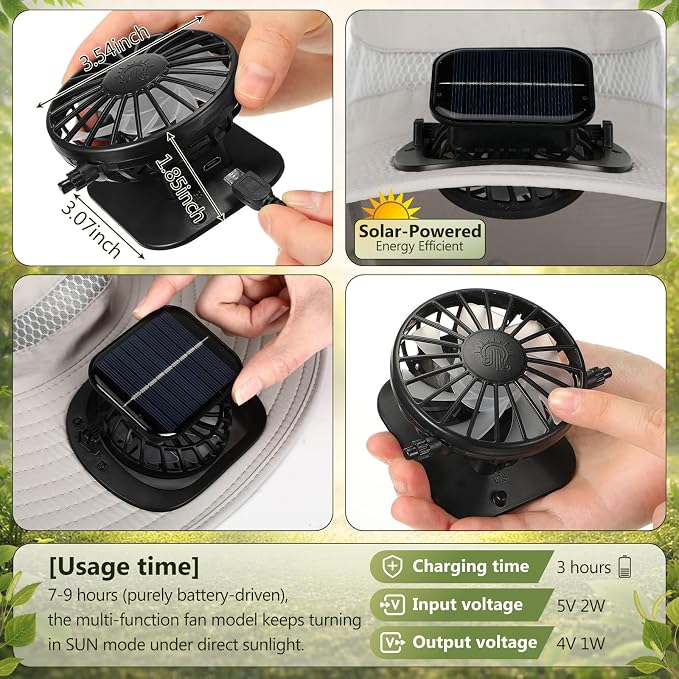 Maiteenly 2 Pcs Solar Fan Hat for Men with Neck Flap Bucket Fan Buit in Hats for Hiking Fishing Outdoor USB and Solar Powered