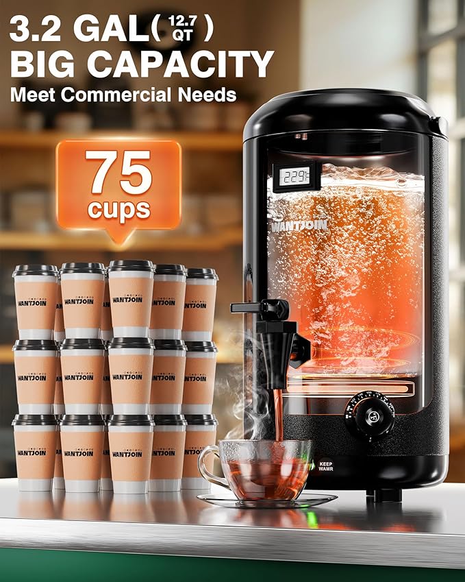 WantJoin Electric Heating Beverage Dispenser-75 Cup Hot&Cold water Urn-Stainless Steel Premium 12 L/3.2 Gallon Hot Drink Dispenser with Spigot for Coffee & Hot tea,Cold Milk,Water,Juice(Black)