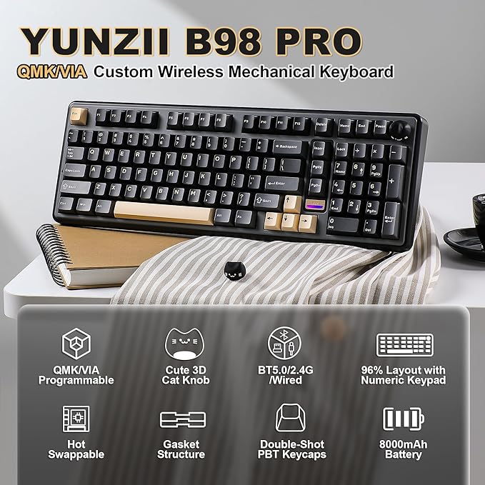 YUNZII B98 PRO QMK/VIA Wireless Mechanical Gaming Keyboard,96% Layout with Numpad and Cute Cat Knob, BT/2.4G/USB-C,Linear Switch Hot Swap Gasket,RGB for Win/Mac (Black, Milk V2 Linear Switch)
