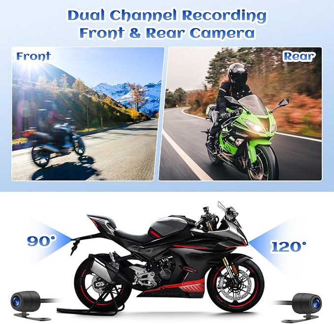 Motorcycle Dash Cam Dual HD Camera Front and Rear View,3" IPS Screen 720P IP67 Waterproof 150° Wide Angle Sportbike Recording DVR with G-Sensor,Loop Recording,Night Vision,Parking Monitor+32G SD