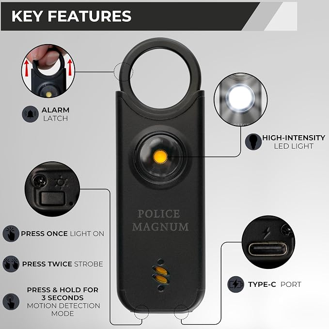 Police Magnum Personal Safety Alarm & Pepper Spray Combo Self Defense Pack for Women- Loud 135db Siren with Light & Max Strength Flip Top Pepper Spray Protection