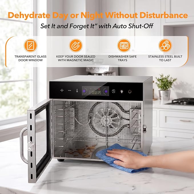 Electric Food Dehydrator with 8 Stainless Steel Trays, Household Fruit Dehydrator,Adjustable Temperature up to 167°F, 48-Hour Timer for Jerky, Fruit
