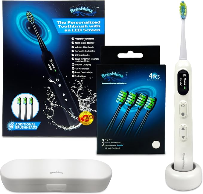 White Electric Toothbrush with Travel Case & 8 Vibrating German Pedex Bristle Brush Heads