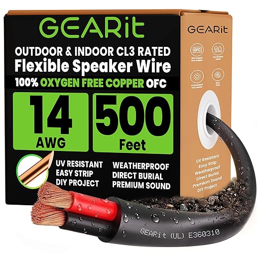 GEARit Speaker Wire 14 Gauge OFC 500 Feet,UL CL3 Rated 14 Gauge Wire,Copper Wire with Polarity Mark,Audio Cable for in-Wall,Home,Car,Outdoor,Garden,Commercial Audio Systems,OFC(Black,2-Conductors)