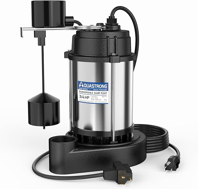Aquastrong Sewage Grinder Pump, Cast Iron Effluent Pump, Auto Float Switch for Basement Sump Basin and Sewage Well, 2 inch Discharge, Stainless No Grinder with Piggy-back Plug