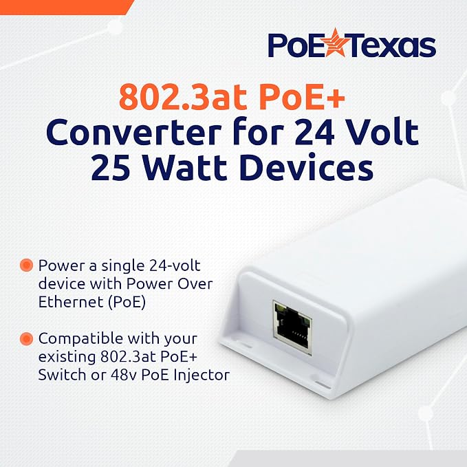 PoE Texas 48v to 24v PoE Converter - Inline PoE Splitter with 24 Volt 25 Watt PoE or DC - Converts IEEE 802.3at PoE+ to 24V Passive PoE or 24V DC Output with Gigabit Data for Ubiquiti and Mikrotik