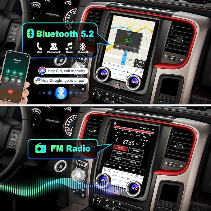 for Dodge Ram 1500/2500/3500 Auto AC Android 13 Car Radio 8-core, 10.4 Inch IPS Touch Screen Car Stereo with Wireless Carplay/Android Auto,GPS, WiFi, Bluetooth, FM, DVR