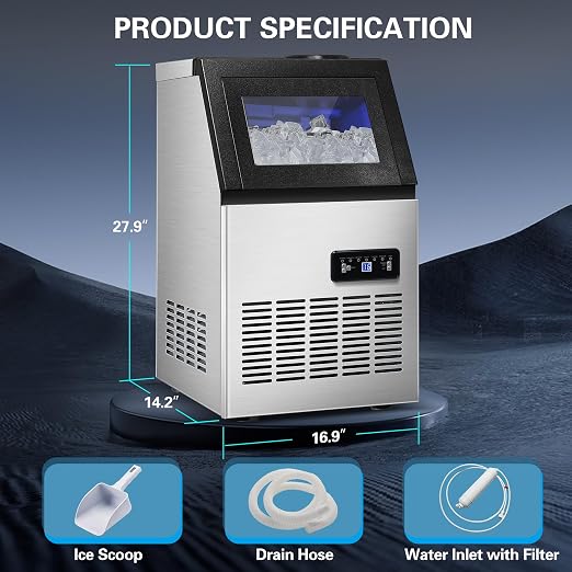 120LBS/24H Commercial Ice Maker Machine, Freestanding Stainless Steel with Adjustable Ice Thickness & LCD Control,40 Cubes/Cycle,Self-Cleaning,Quiet Operation for Home,Restaurant,Bar