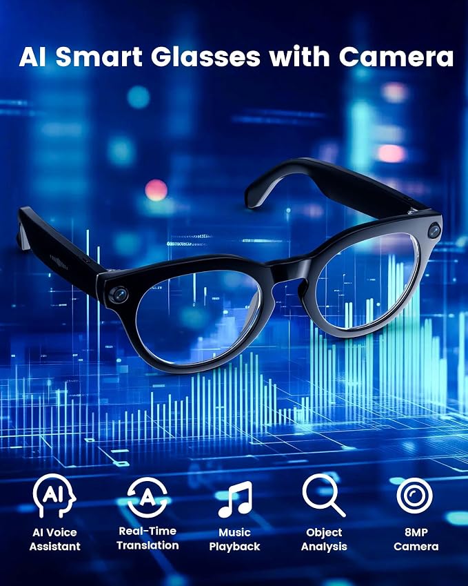 AI Smart Glasses with 8MP Camera, Continuous 12-Min 1200P Video Recording, Real-Time Translation & Voice Assistant, Open-Ear Bluetooth Audio for Vlogging, Travel & Meetings