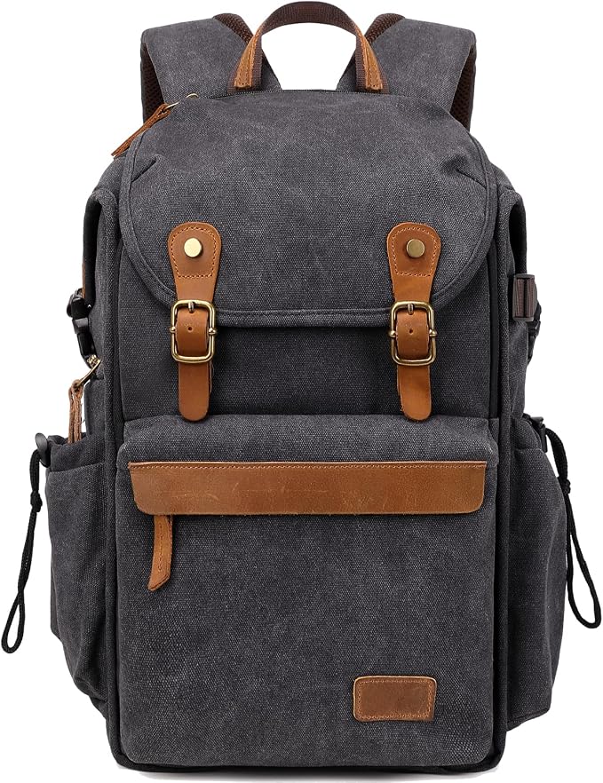 Vintage Canvas Camera Backpack (Charcoal Black) for DSLR/Mirrorless & Drone, Waterproof Photography Bag with 16" Laptop Compartment, Large Capacity Travel Camera Bag for Photographers
