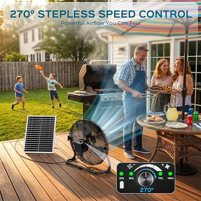 AUMIO 16" Solar Powered Floor Fan, Battery Operated Solar Fan with 25W Solar Panel & 15600mAh Battery, 1050 CFM High Velocity Airflow, 4-25H Runtime for Outdoor Camping, Power Outage, Patio, RV
