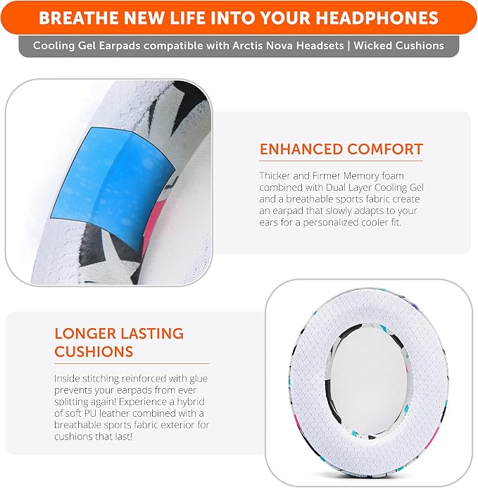 WC Freeze for Arctis Nova - Hybrid Fabric Cooling Gel Replacement Earpads for Arctis Nova Pro Wired, Nova 7, 5, 4, 3, 1 - Made by Wicked Cushions (Does Not Fit Nova Pro Wireless) | 90's White