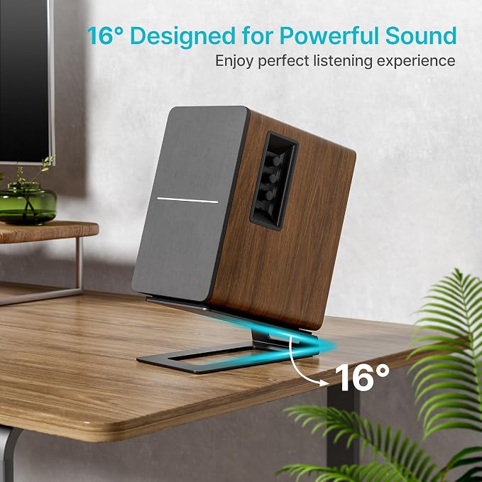 PEGZONE Desk Speaker Stands for Most Bookshelf Speakers, 22 lbs Capacity, Speaker Riser with Anti-Vibration Pads，16°Tilt Angle, Space-Saving Audio Stands for PC Speakers,1 Pair, Black
