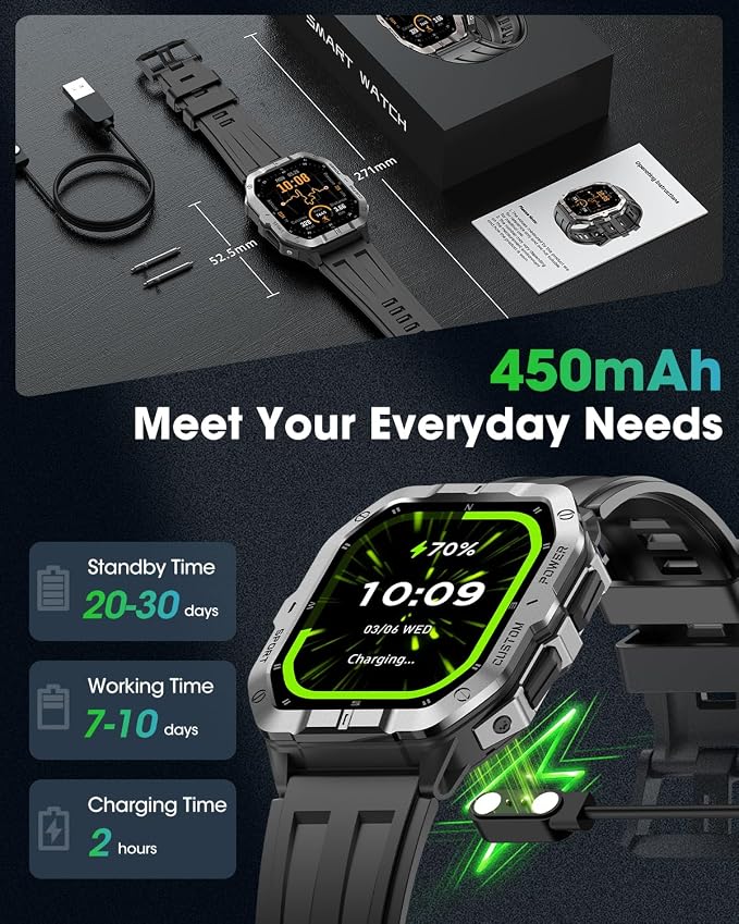 Military Smart Watch Built-in GPS, 100+ Sport Modes for Men, Smartwatch with Heart Rate & Sleep Tracking, 2ATM Waterproof, Bluetooth Calling, Fitness Watch for iPhone & Android, Black