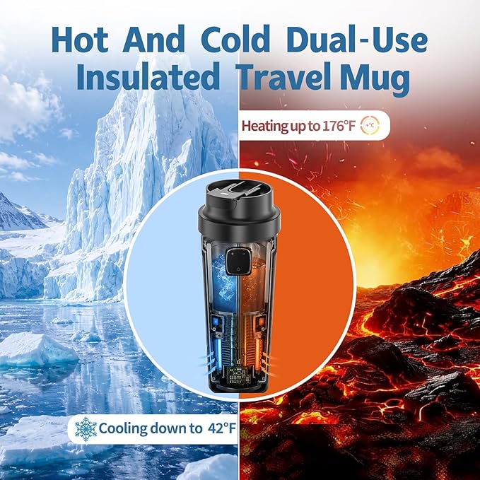 12V Intelligent Cooling, Heating and Constant Temperature Cup, 350ml Touch Screen Mug, 42°F-176°F Adjustable Heating & Fast Cooling, Keep Drinks Hot or Cold-for Car, Office, Home & Travel