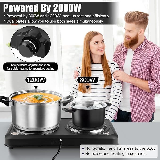 2000W Hot Plate,Portable Electric Stove Countertop Double Burner Infrared Burner with 7.5” & 6.3” Ceramic Glass Cooktop Stepless Temperature Adjustments for Home RV Camp
