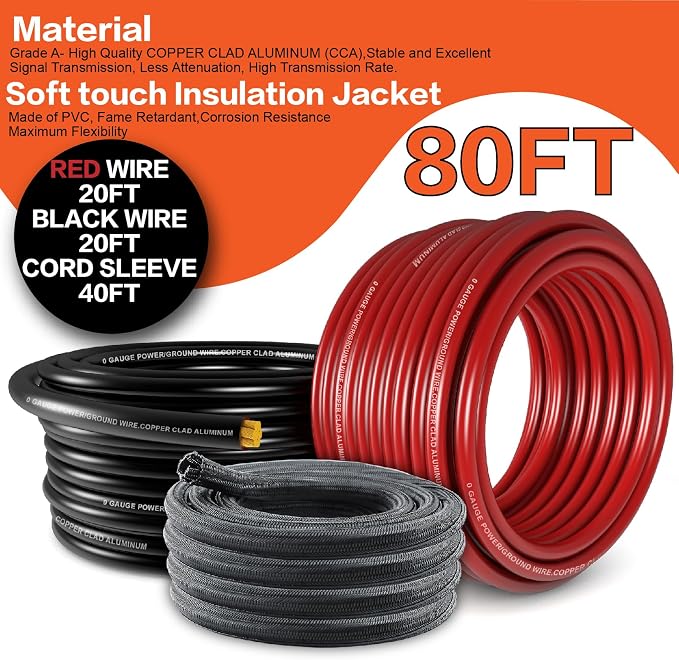 1/0 Gauge Wire(20ft Each - Red/Black) Copper Clad Aluminum CCA Automotive Wire with 40ft 1/2" Cable Sleeve - Ideal for Car Audio, Solar, Auto, RV, Marine Power & Ground Cables