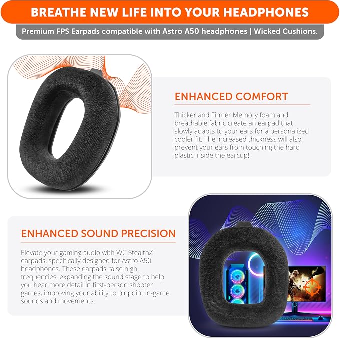 WC StealthZ A50 - FPS Oriented Earpads for Astro A50 Gen 4, Gen 5 & A50X by GadgetryTech & Wicked Cushions | Enhanced Sound Precision & Comfort for First-Person Shooter Games | Black