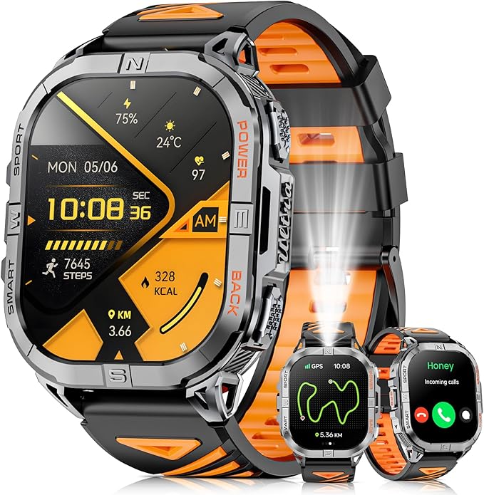 Military Smart Watch for Men Built-in GPS with LED Flashlight Compass, 2.13" AMOLED Tactical Smart Watches with Answer/Make Calls, 3ATM Waterproof Fitness Tracker for iPhone Android (Black)