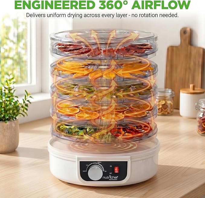 NutriChef Electric Countertop Food Dehydrator - Multi-Tier High-Heat Circulation Professional Food Preserver, Fruit, Vegetable Dryer, Meat or Beef Jerky Maker w/ 5 Stackable Trays - AZPKFD12