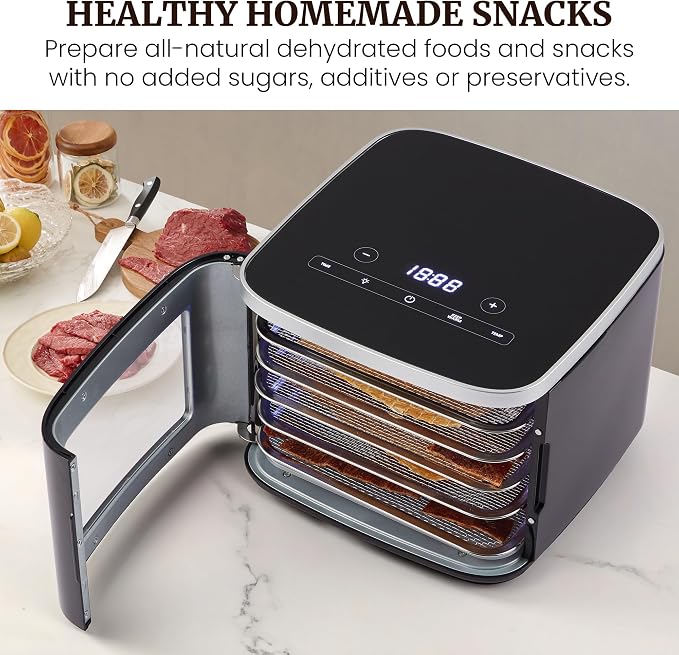 Elite Gourmet EFD809D Food Dehydrator with 5 Stainless Steel Trays, Adjustable Temp & Time + Keep Warm, Includes Interior Light, Fruit Roll Tray and Recipe Booklet, Black