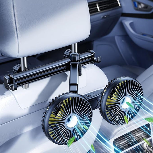 Long Arm Dual Head Car Cooling Fans for Back Seat for Kids, Battery Powered Rechargeable 5V/12V/24V Car Backseat Headrest Fan for Baby Rear Facing Car Seat Cooler That Blow Cold Air for Vehicle