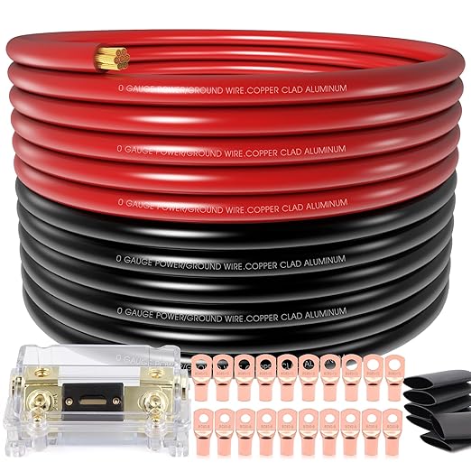 40FT 0 Gauge Wire,1/0 Battery Cable Copper Clad Aluminum for Winch,Reducer,Starter,Solar Power,DC Wiring,W/ 250A Fuse Holder,20pcs Lugs Terminals and Heat Shrink Tube