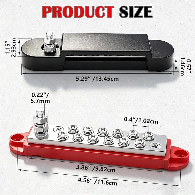 Marine Bus Bar 12V 150A 1/4" Stud Power Distribution Block, 12 Volt DC Battery Busbar, Automotive Buss Bar 12v for Car, Boat and Solar Wiring (Black+Red)