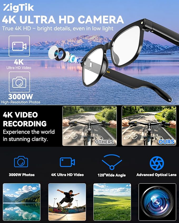 Smart Glasses with Camera, 4K HD Anti-Shake, 8MP Camera Glasses, Real Time Translation, AI Voice Assistant, Object Recognition, Smart Glasses for Women, for Travel/Meetings/Vlog（Photochromic）