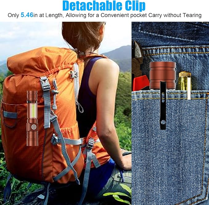 Hoxida Flashlight USB Rechargeable, Magnetic LED Flashlight, Super Bright LED Tactical Flashlight with Cob Sidelight, Waterproof, Zoomable Best Small LED Flashlight for Camping, Emergency - Brwon