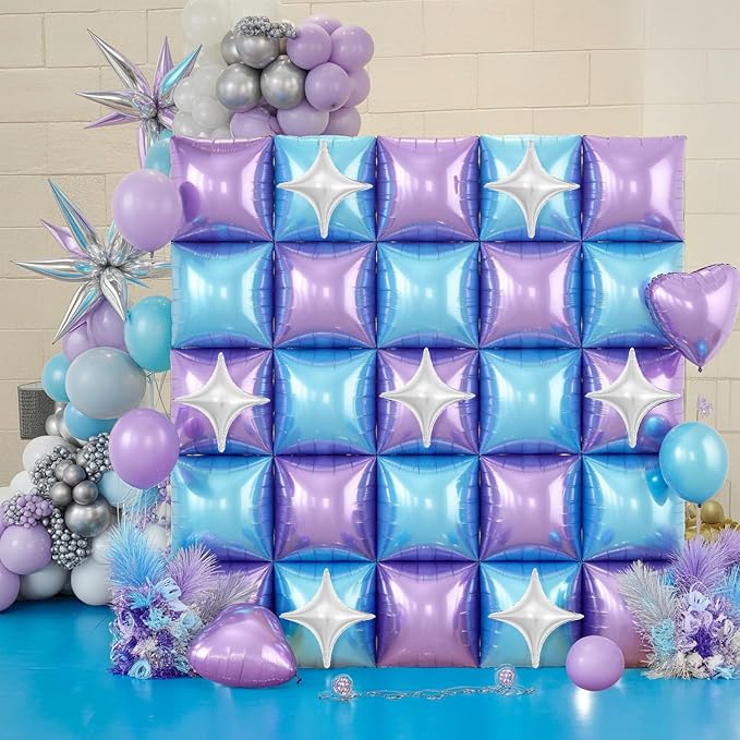 Electric Balloon Pump and 32PCS Blue and Purple Square Foil Balloon with Star Foil Balloon, 600W Dual Nozzle Air Pump & Metallic Purple Light Blue Tunnel Arch Kit for Winter Snow Birthdays