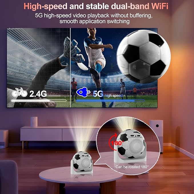 Mini Projector with WiFi & Bluetooth, 1080P 4K Support Smart Projector Portable 180° Rotatable Auto Focus & Keystone Voice Remote Control, Football Movie Home Theater Outdoor Bedroom Use