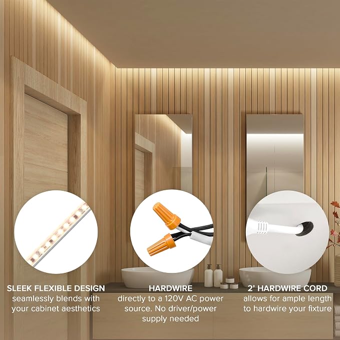 Maxxima 72 in. Hardwired LED Under Cabinet Strip Light, 2760 Lumens, 3000K Warm White, Kitchen and Living Room 120V White Cove Lighting, No Power Supply Needed