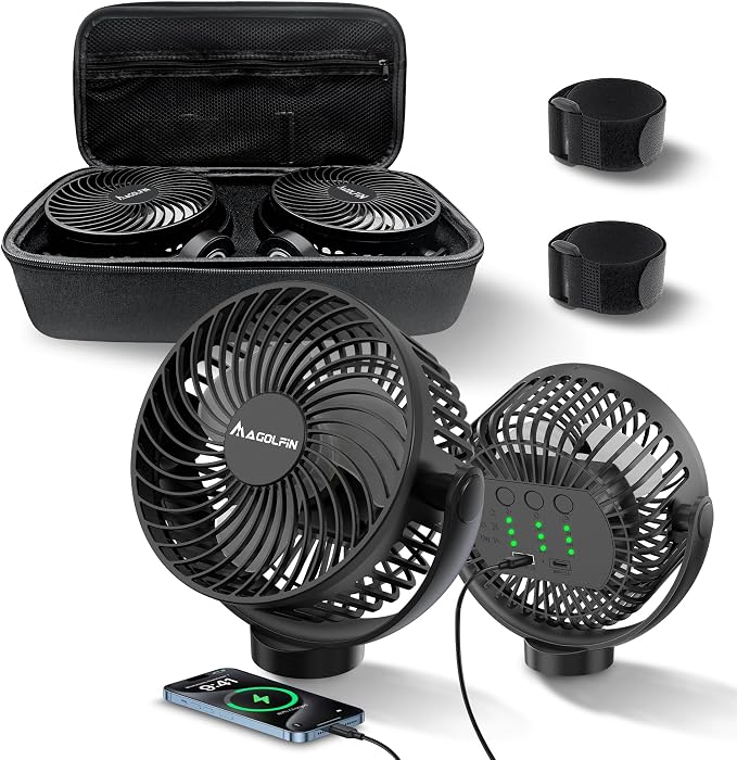 2-Pack Magnetic Golf Cart Fan Rechargeable with Carrying Case, 12000mAH Battery Portable Fan with Magnetic Base, Suitable for EZGO Club Car Yamaha, Golf Cart & Cruise Ship Accessories