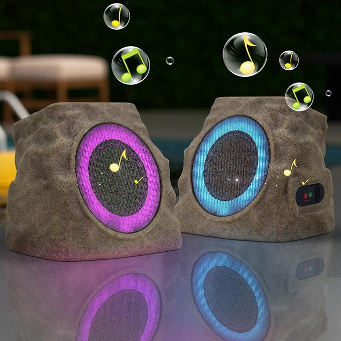 uuffoo 2-Pack Solar Powered Rock Speakers Outdoor Water-Resistant IP44 Rock Speaker with Lights RGB Colors and USB Charging for Patio Pool Party Yard Garden Outside
