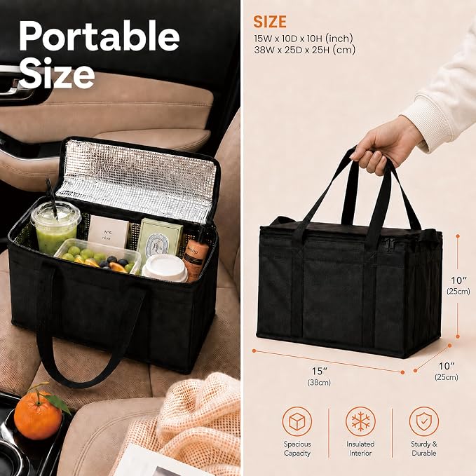 NZ home Insulated Bags for Food Delivery (Large) Grocery Shopping Cooler Bag, Pizza Delivery, Hot & Cold Catering Tote, Reusable, Foldable & Heavy Duty (Black)