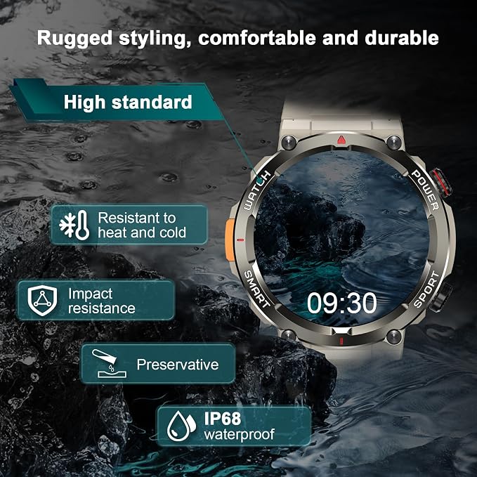 Military Smart Watch for Men-100-Day Long Battery Life,Fitness Tracker with LED Flashlight/Compass,120+ Sports Modes,IP68 Waterproof,Heart Rate Monitor,Bluetooth Call Smartwatch for iOS Android(Khaki)