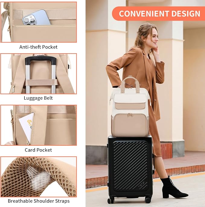 BERTASCHE Lunch Backpack for Women, 15.6 Inch Laptop Backpack with Insulated Cooler Lunch box, Nurse Backpack for Teacher Work Travel College Picnic, Khaki-Beige