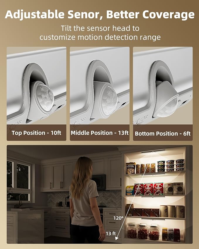 EZVALO 15-inch Motion Sensor Closet Lights, 3 Pack Rechargeable Cabinet Lights with Adjustable Sensor, Glare-Free, 3 Color Temps & Dimmable, Magnetic Motion Light Indoor for Pantry, Stairs