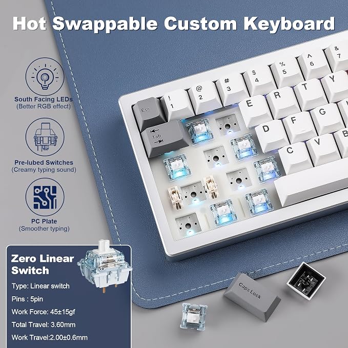 YUNZII AL68 Wireless Mechanical Keyboard,Full Aluminum CNC,60% Layout with Knob, QMK/VIA Software,Gasket Mounted,Hot Swappable,RGB Backlit,BT/2.4G/USB-C for Mac/Win (Silver, Gateron Zero)