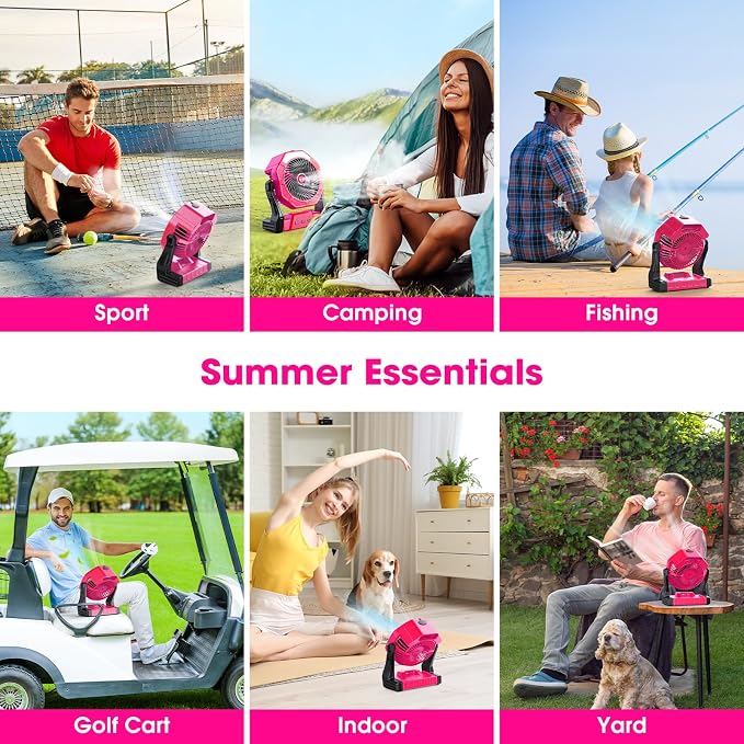 Ausic Portable Misting Fans, [Max 35H Runtime] Pink Outdoor Cooling Fan for Patios, 8 Inch Battery Operated Rechargeable Fans, Water Spray Fan with LED Light for Pets/Travel Beach Camping Essential